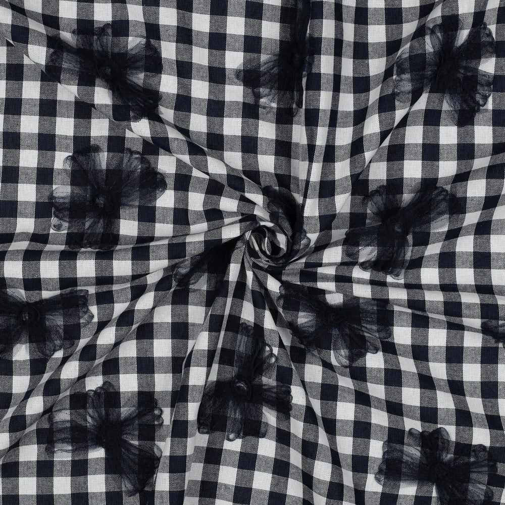 03860.001 COTTON YARN DYED CHECKS TULE FLOWERS - NAVY