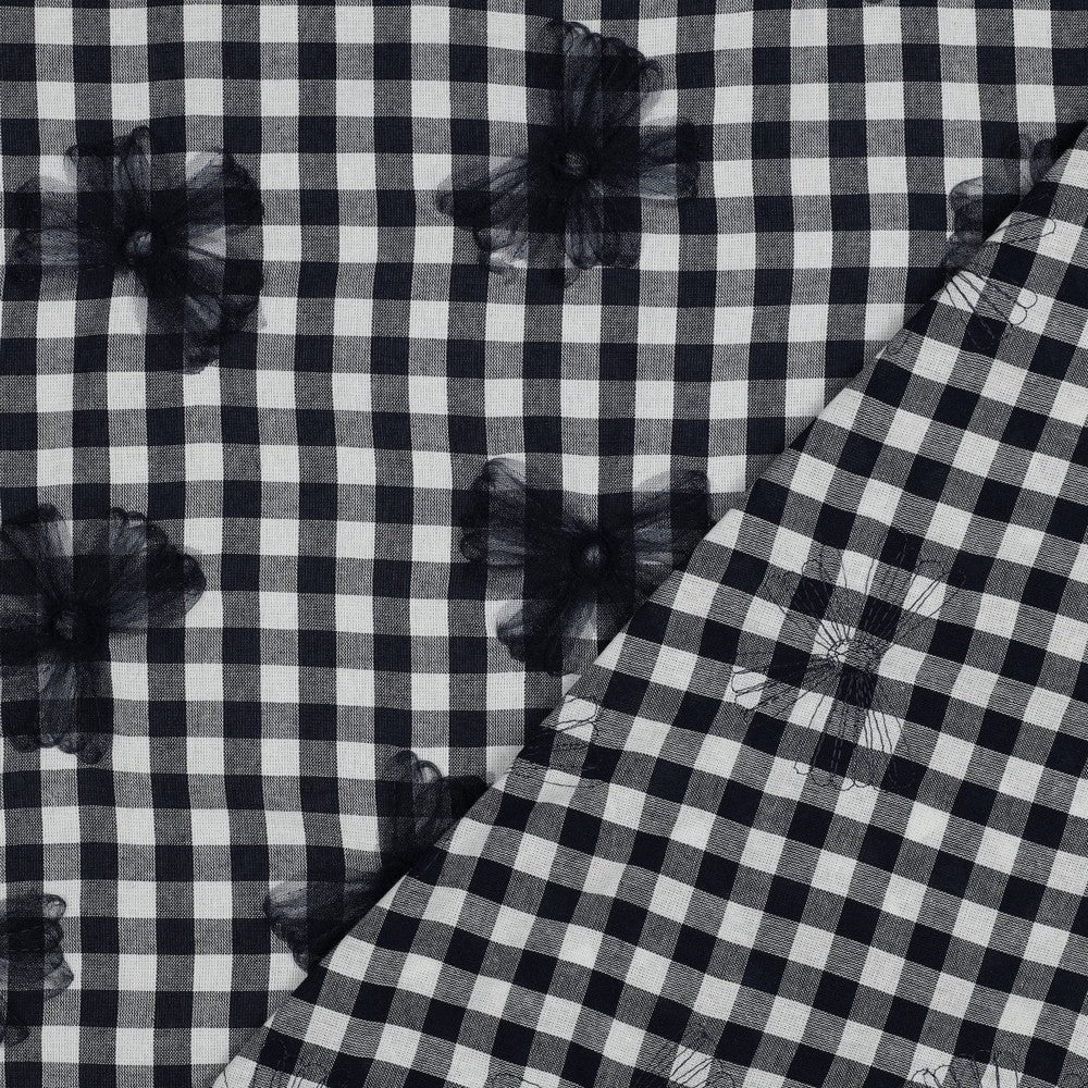 03860.001 COTTON YARN DYED CHECKS TULE FLOWERS - NAVY