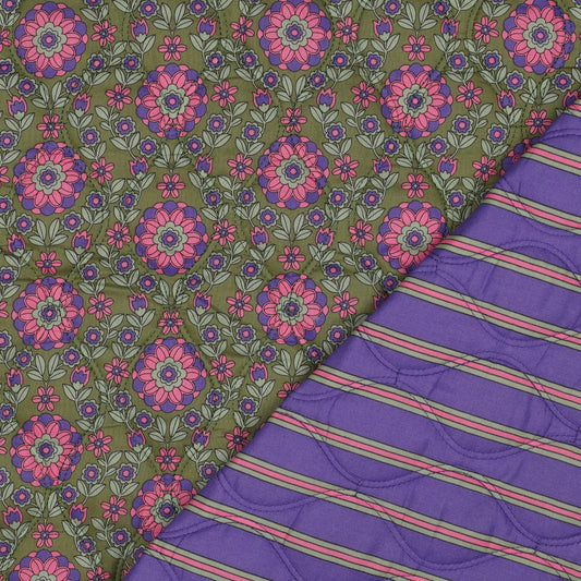 05678.001 COTTON VOILE STEPPED FLOWERS - PURPLE / ARMY GREEN(“quilted” look)