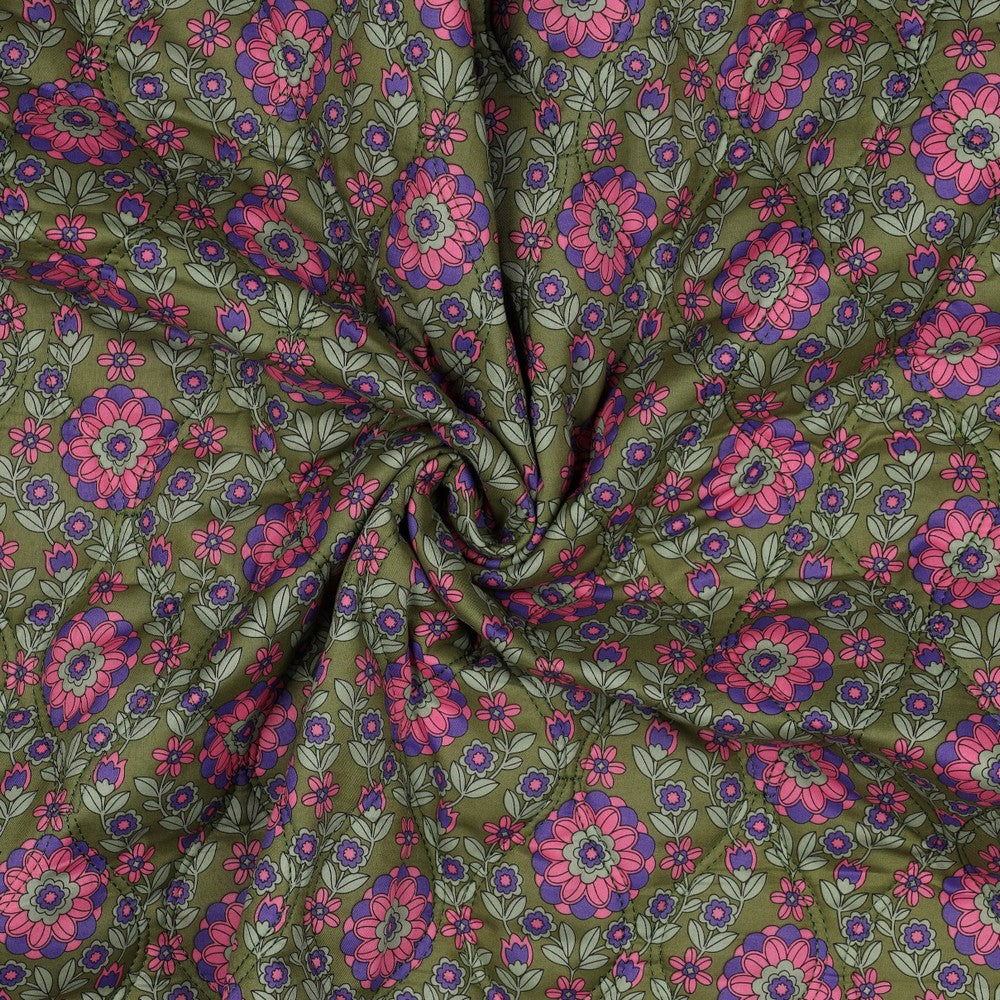 05678.001 COTTON VOILE STEPPED FLOWERS - PURPLE / ARMY GREEN(“quilted” look)