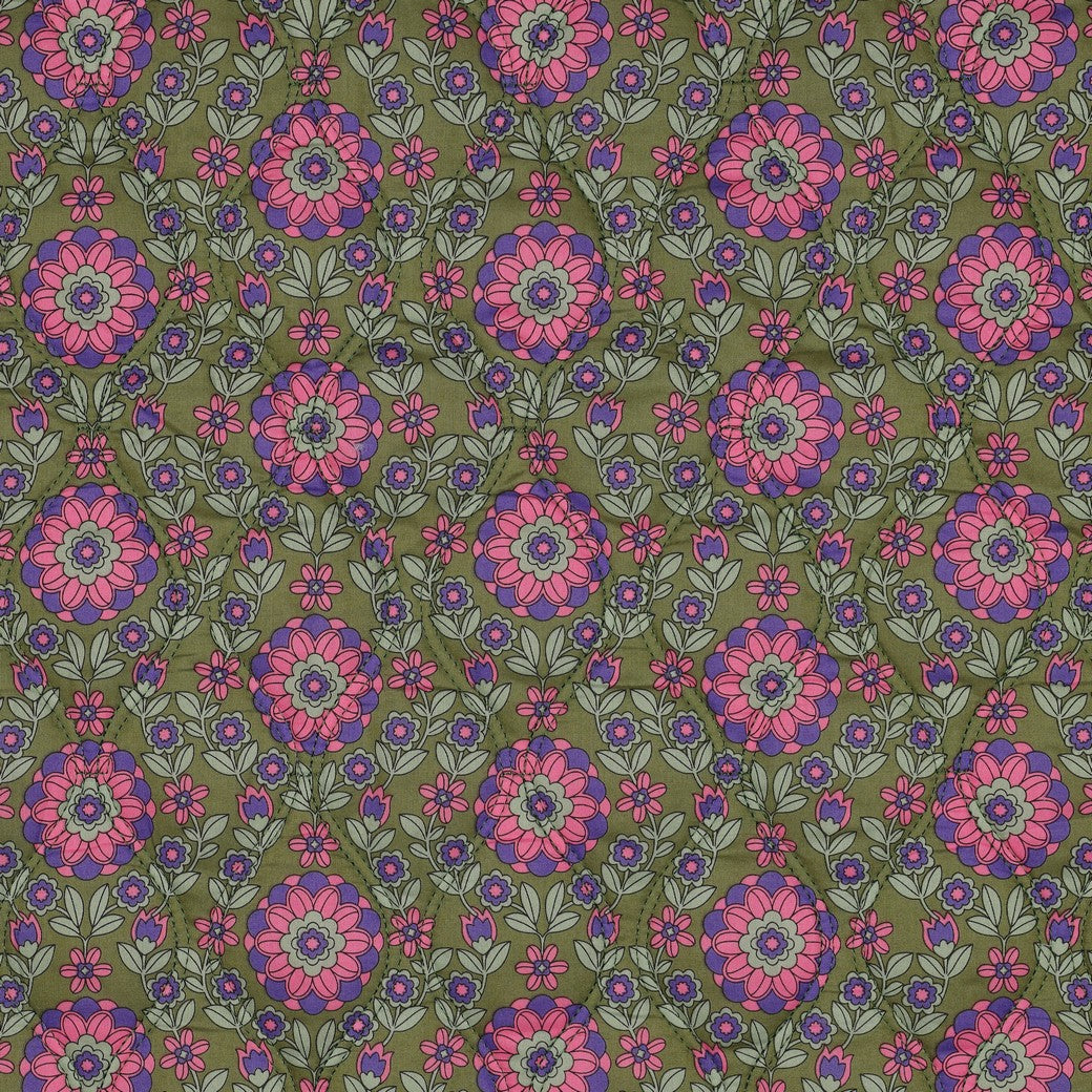 05678.001 COTTON VOILE STEPPED FLOWERS - PURPLE / ARMY GREEN(“quilted” look)
