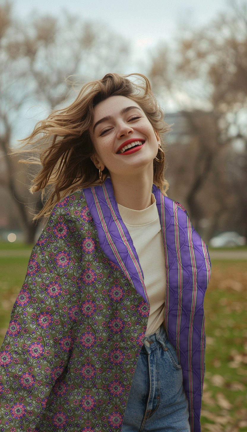 05678.001 COTTON VOILE STEPPED FLOWERS - PURPLE / ARMY GREEN(“quilted” look)