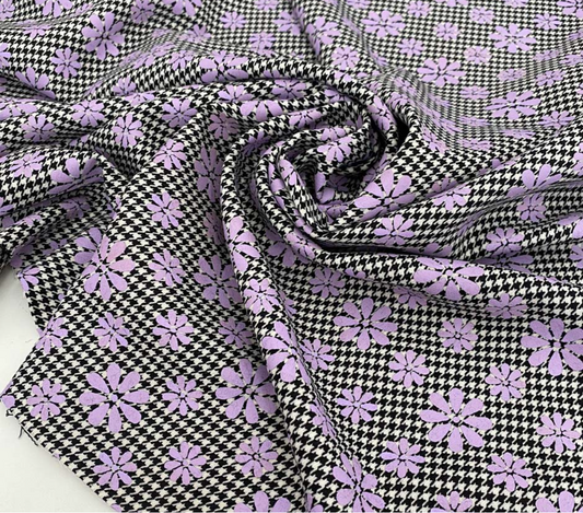 Pied de poule met lila geprinte bloemen